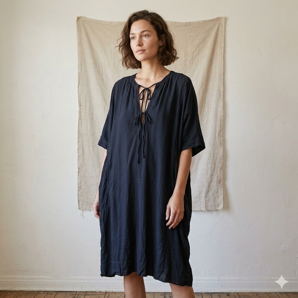 Raquel Allegra Kaftanā Dress Womens XS 0 Black Tie Neck Oversized Pockets